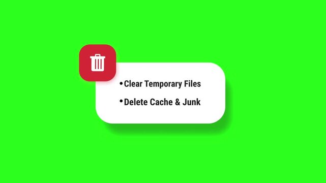 Animated trash icon lower third text box on a green screen background. Ideal for video editing, clear cache notifications, delete item pop-ups, list removal options, and motion graphic overlays. Easil