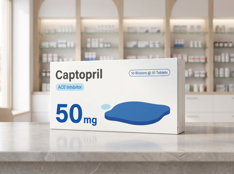Box of hypertension medication on a pharmacy counter