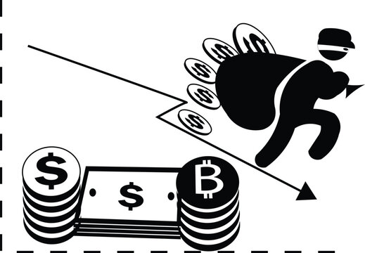 Thief Stealing Money and Cryptocurrency Coins During a Financial Market Crash Illustration