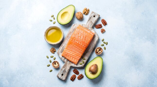 Healthy fats and omega 3 food sources flat lay with fresh salmon, avocado, olive oil and nuts on blue background