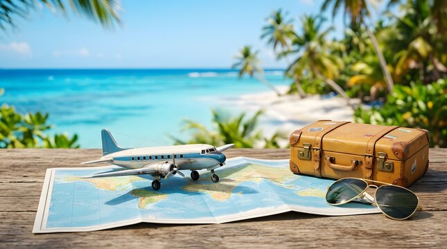 Travel planning with a model airplane and vintage suitcase on a tropical beach.