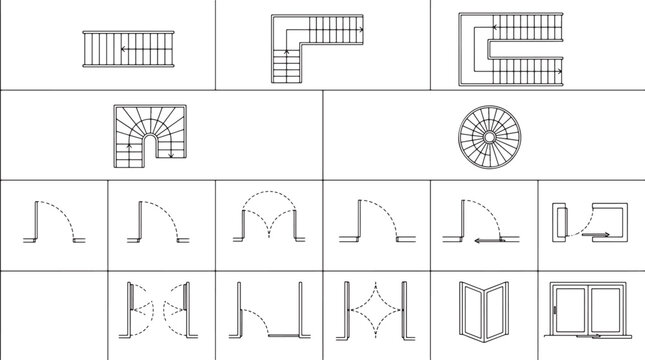 Architectural floor plan symbols featuring various staircase designs and door swing types in a technical vector layout