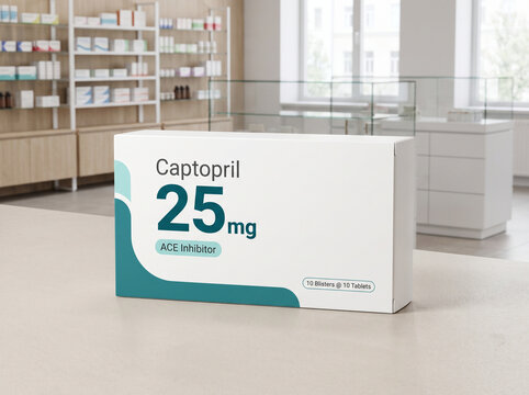 Captopril medication box on a pharmacy counter