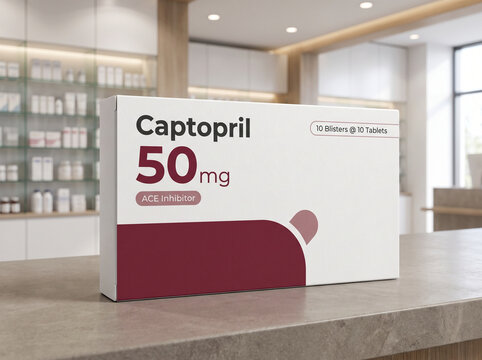 Box of hypertension medication on a pharmacy counter