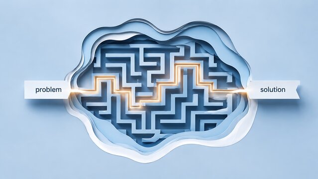 Brain Maze Papercut Concept With Glowing Path From Problem To Solution