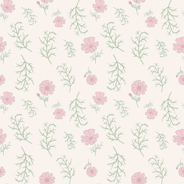 Cute hand-drawn cosmos flowers and botanical sprigs seamless pattern on cream background