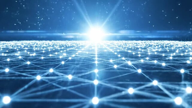 Perspective digital network grid with glowing nodes.