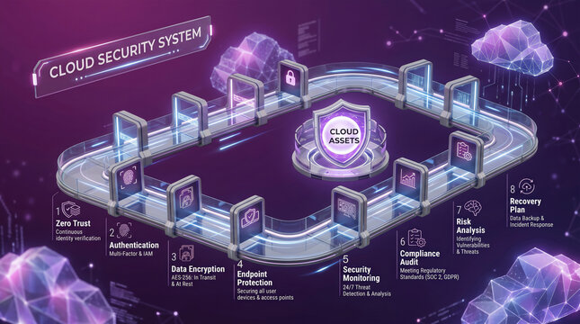3D infographic illustration of cloud security cycle steps protecting digital assets