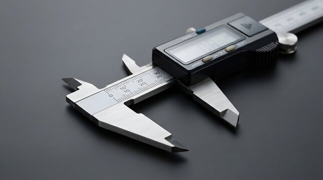 Digital caliper measuring tool on dark background for precision engineering and manufacturing