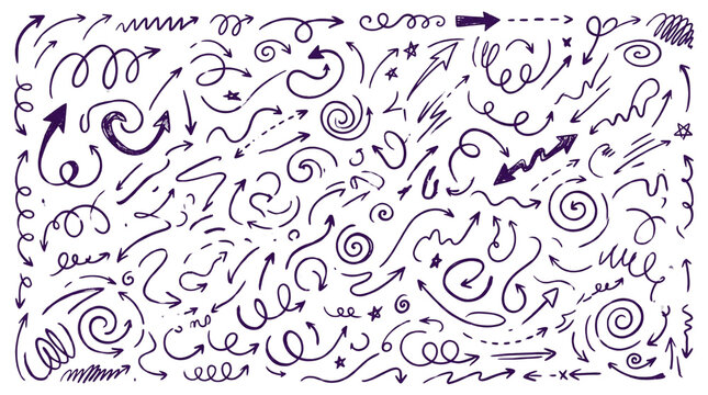Collection of hand drawn purple ink doodle arrows curls and swirls set with sketch arrows arrow collection arrow icons drawn elements bullet journal collection pointers directions scribble