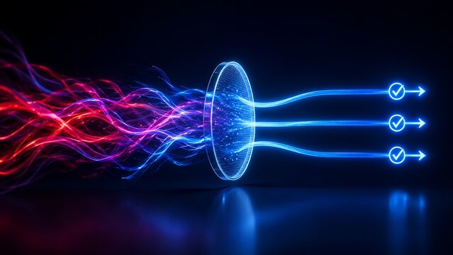 Digital Portal Filter Transforming Chaotic Red Energy Lines Into Organized Blue Checkmarks