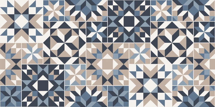 Irregular mosaic floor tiles, Scandinavian stars seamless geometric patchwork pattern, quilt blocks, neutral colors brown and navy