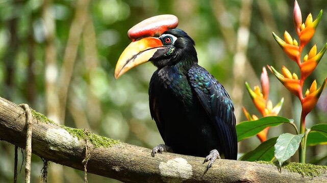 Knobbed Hornbill Rhyticeros cassidix Perched on Branch in Tropical Rainforest