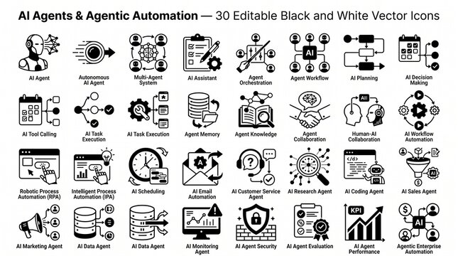 AI Agents and Agentic Automation Vector Icons Set for Technology