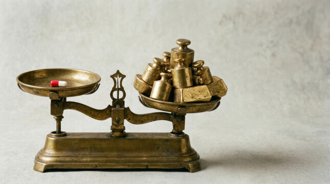 Brass scale weight balance healthcare innovation spending antique metal measurement with pill on pan and neutral studio background
