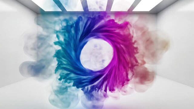 Purple smoke ball floating in minimal white gallery