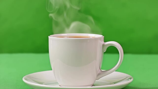 Steaming hot coffee cup placed on saucer against a vibrant green background for a morning beverage break concept
