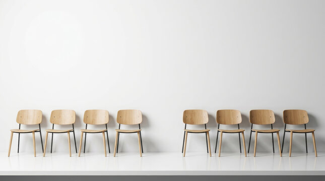 Wooden chair arrangement highlights staffing shortages with empty space between workplace seating