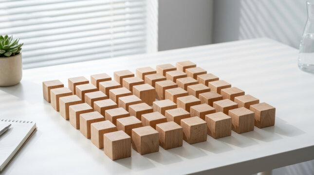 Wooden block arrangement on white table illustrates staffing shortages and organized workforce planning in modern office