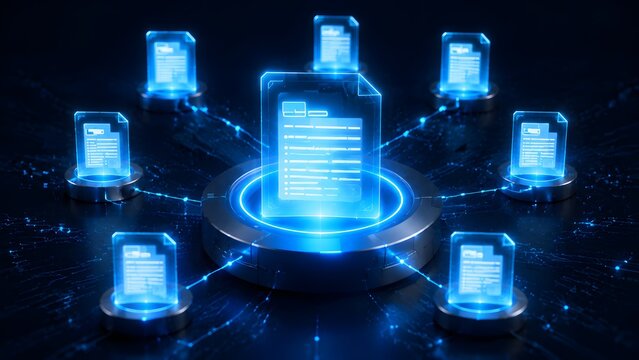 Decentralized digital document network with glowing blue hologram interface representing blockchain data distribution and smart contract management