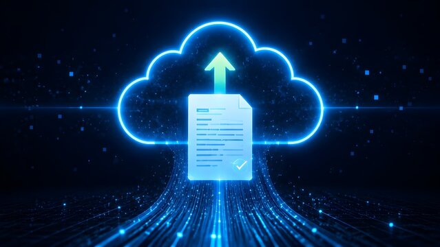 Cloud computing document upload concept with glowing blue data cloud hologram and ascending fiber optic light streams