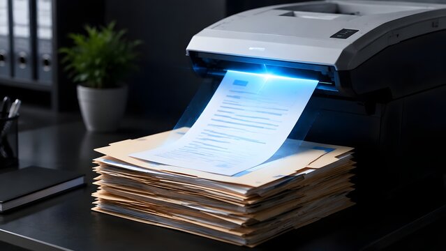 Document digitization scanning concept with glowing blue digital file hologram emerging from physical office printer