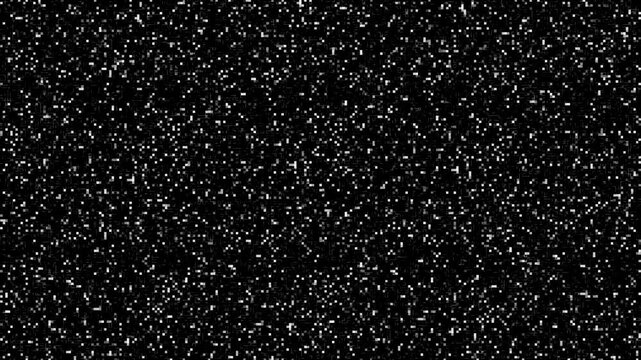 Abstract black and white digital noise texture overlay with shimmering light particles slowly moving on dark background.