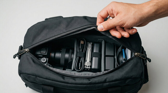 Hand opening a black bag filled with professional camera equipment