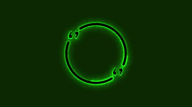 Neon green circular quotation marks motion graphic animation video with glowing outline and dynamic energy effect on dark background, modern luminous frame for text message or product display.