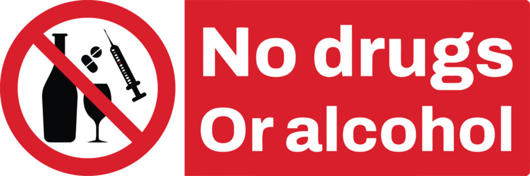 Clear prohibition sign with red prohibition circle, syringe, pills, and bottle icons, concept for substance abuse prevention, workplace safety compliance and public policy notices