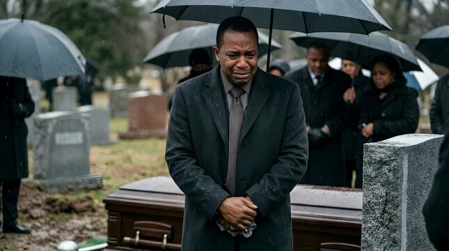 Grieving man standing at a cemetery during a rainy funeral service surrounded by mourners with umbrellas neuromorphic computing brain inspired computing neural network chip AI hardware smart chip
