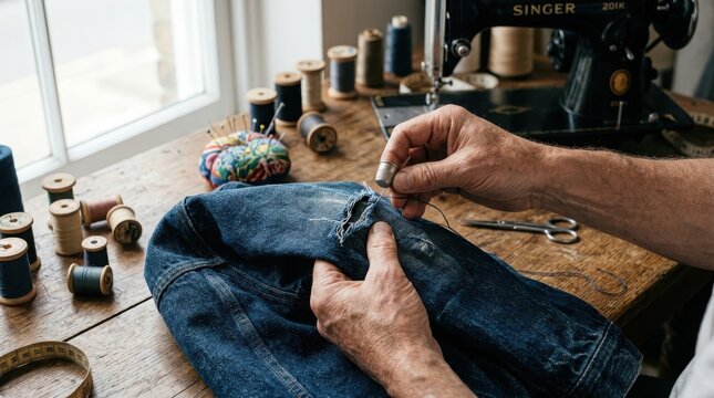 Close-up of elderly hands repairing a ripped denim jacket with a needle, thread, and thimble, surrounded by spools of thread and a sewing machine.