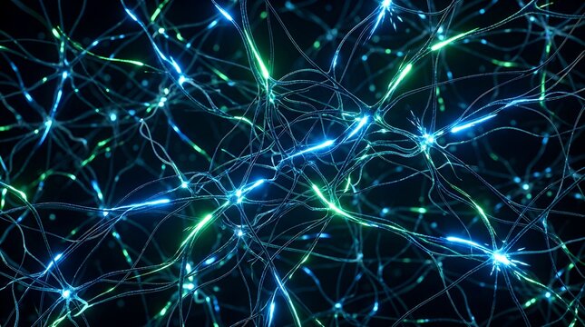 Abstract microscopic view of glowing blue and green neurons firing electrical impulses in a neural network with neuromorphic computing brain inspired computing AI hardware spiking neural networks