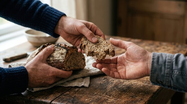 Close-up of hands sharing a slice of freshly baked, rustic whole grain bread.