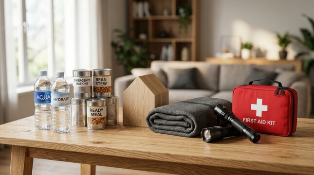 A collection of essential survival items including water, canned food, a blanket, flashlights, and a first aid kit.