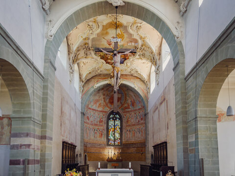 Medieval Church Interior with Baroque Crucifix and Romanesque Frescoes, Reichenau-Niederzell 