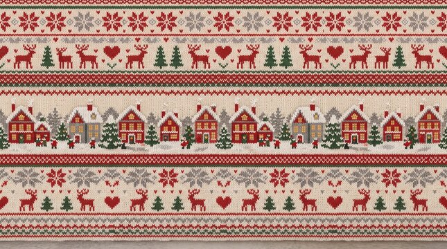 Christmas Fair Isle textile pattern with reindeer and winter village landscape design