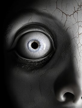 Close up of a wide open human eye with a startled expression against a dark textured background scared eye fear expression