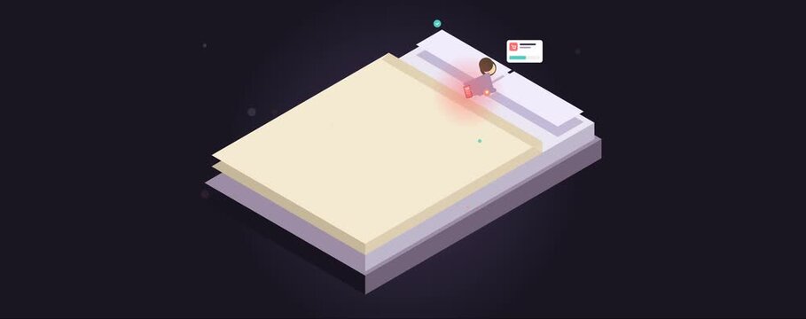 2D isometric animation of a woman lounging on a bed and shopping online with a smartphone