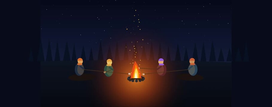 2D vector animation of four friends sitting around a campfire roasting marshmallows