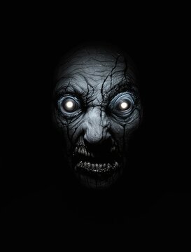 Creepy monster face portrait with glowing white eyes emerging from dark background scary creature horror portrait sinister entity