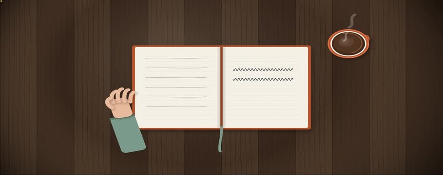 Overhead 2D Vector Graphic Animation of Female Hands Writing in Journal Beside Hot Tea