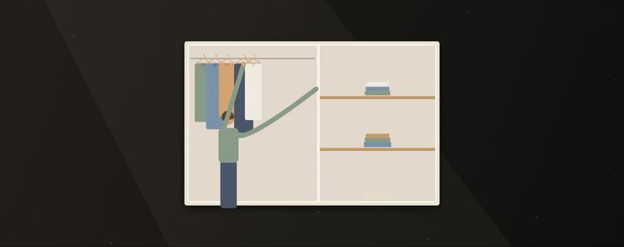 2D vector motion graphic of a young man organizing folded shirts and hanging jackets in a minimalist closet