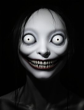 Terrifying monstrous humanoid creature with wide white eyes and a wide jagged grin creature face horror monster scary face