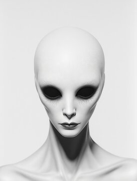 Minimalist portrait of an extraterrestrial alien being with smooth pale skin and large black eyes sci fi extraterrestrial creature