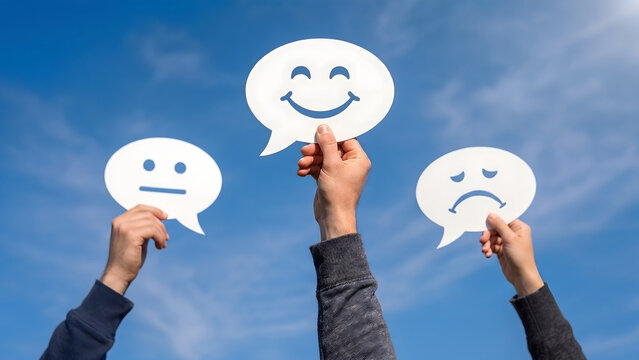 Hands holding happy neutral and sad face emotion bubbles against blue sky