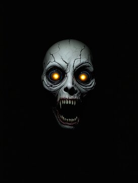 Glowing eyes skull head emerging from deep black darkness background with dark background creepy monster scary face horror theme