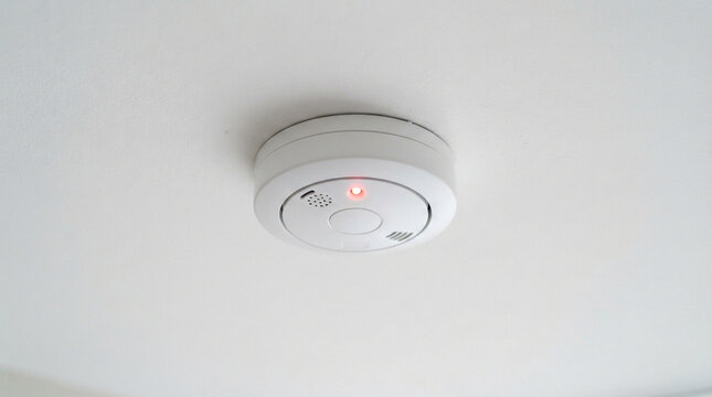 White Smoke Detector with Red Light on Ceiling