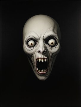 Scary pale monster face with open mouth and glowing eyes emerging from deep pitch black darkness evil entity creepy creature