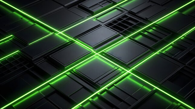 Abstract background featuring glowing green laser lines intersecting over a dark textured metallic surface pattern